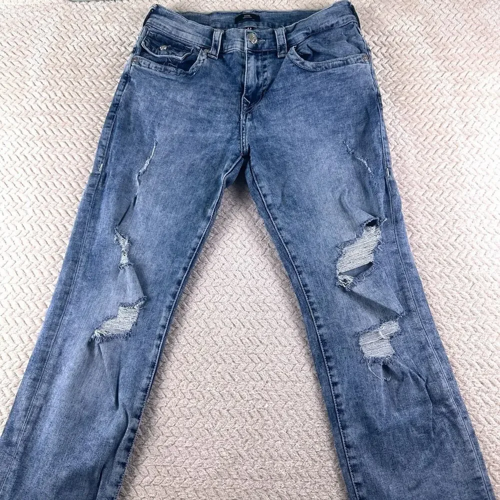 True Religion‎ Jeans Mens 32x34 Blue Geno Relaxed Slim Flap Pocket Distressed